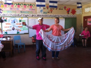 Trying out a typical Nicaraguan dance with the PE teacher at my going away party